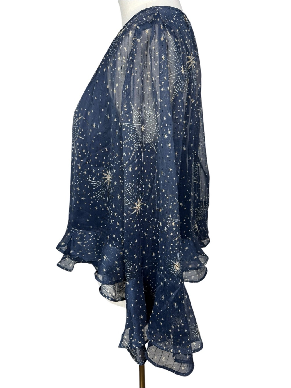LOFT NWT Celestial Shimmer Peplum Ruffle Sleeve Top Navy & Gold Size S - Picture 5 of 10